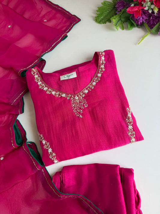 K507 - Mul chanderi handwork aline Kurti with pants and dupatta