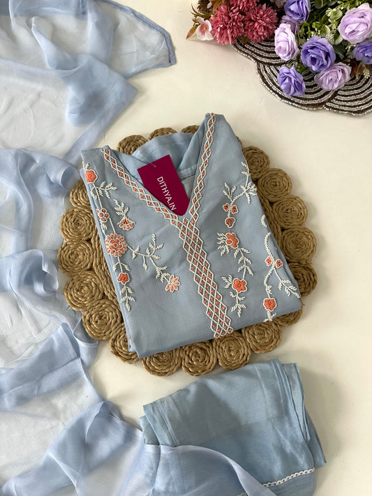 D087 -Chinnon silk straight kurti with pants and dupatta