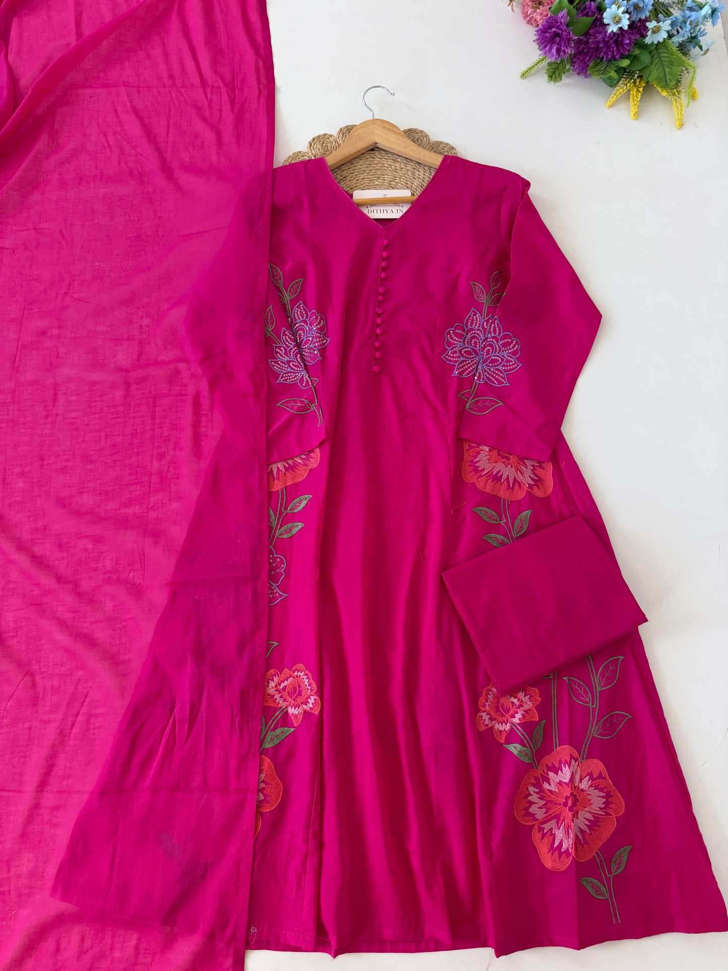 K010 - Mul cotton embroidered Aline Kurti with pants and dupatta