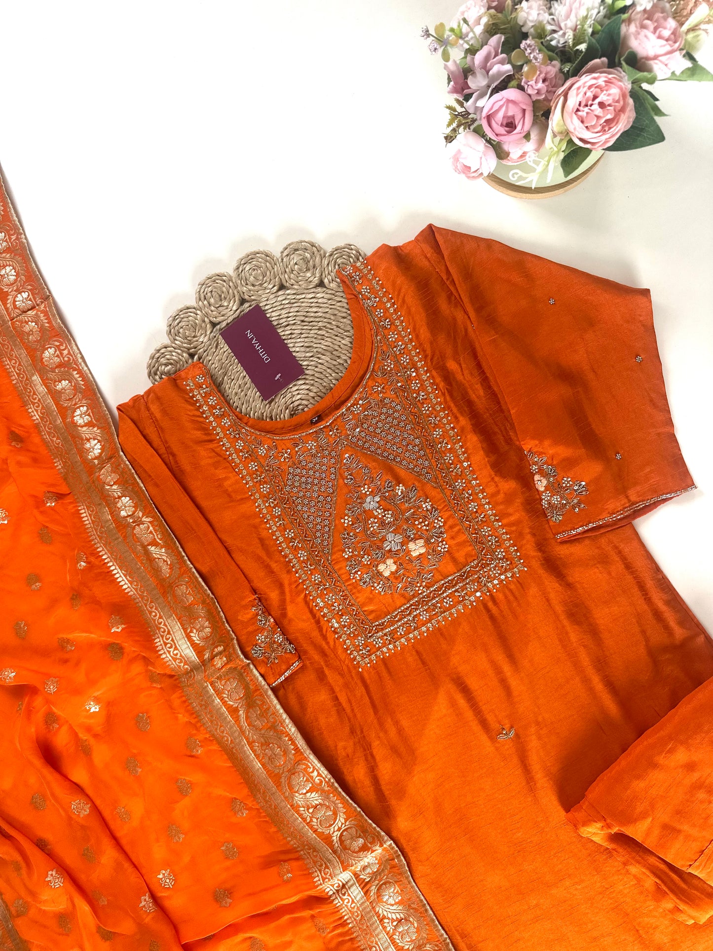 K271 - Russian silk Zardosi work straight kurti with pants and Banarasi silk dupatta .