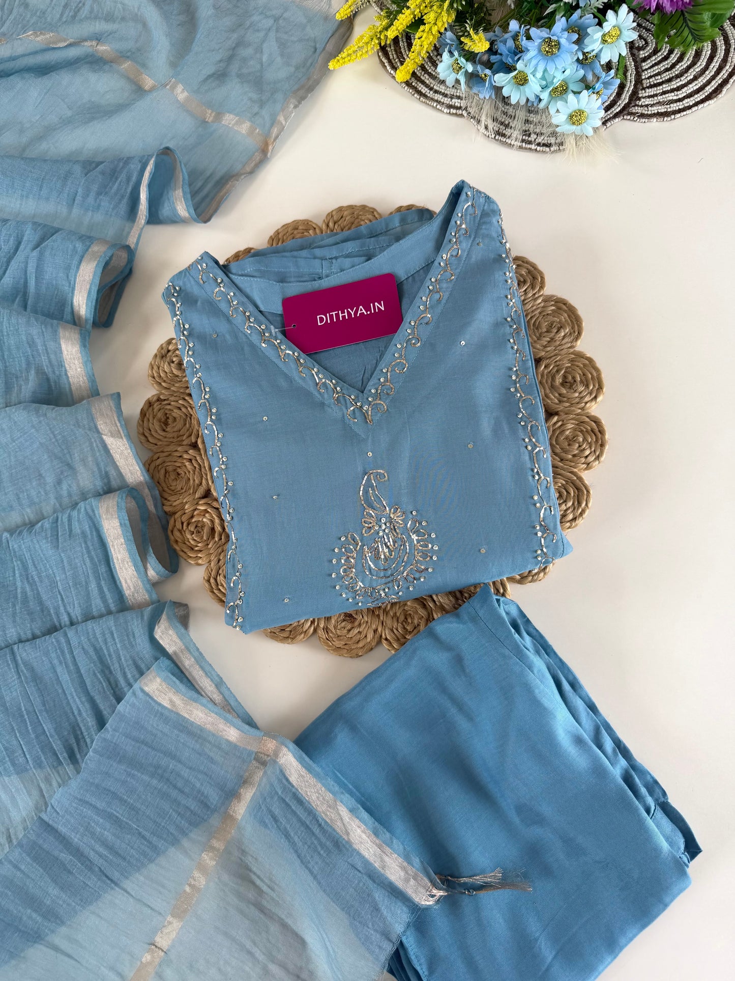 K465 - Mul chanderi zari Aline Kurti with pants and dupatta