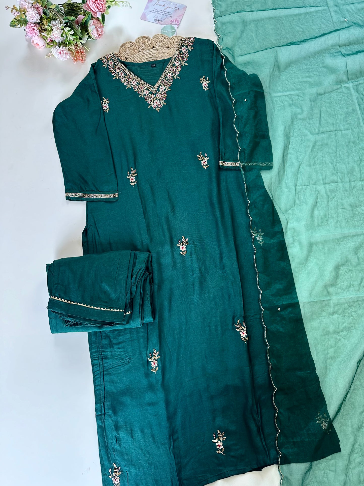 K315 - Muslin silk handwork straight kurti with straight pants and organza dupatta .