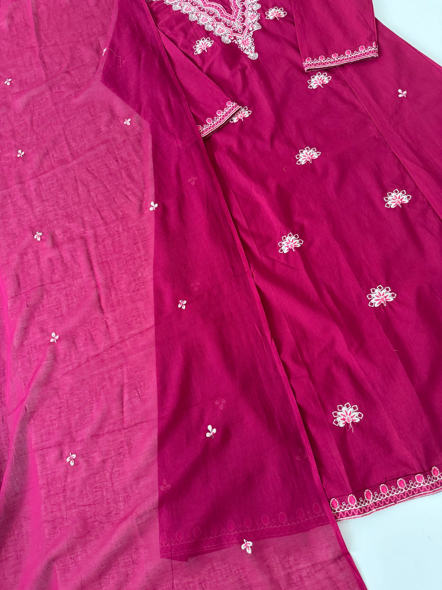 K434 - Mul cotton embroidered Aline Kurti with pants and dupatta