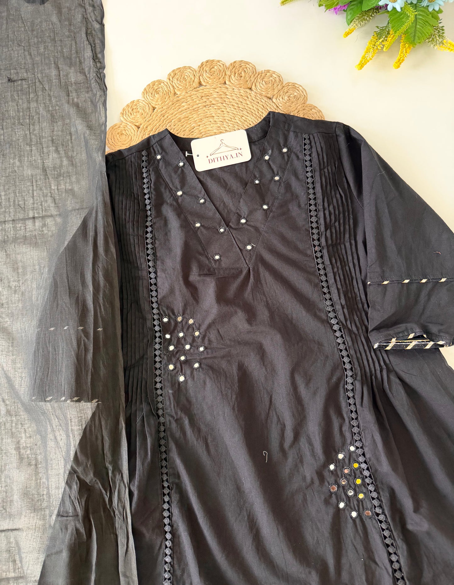 K621 - Mul cotton mirror work Anarkali with pants and dupatta