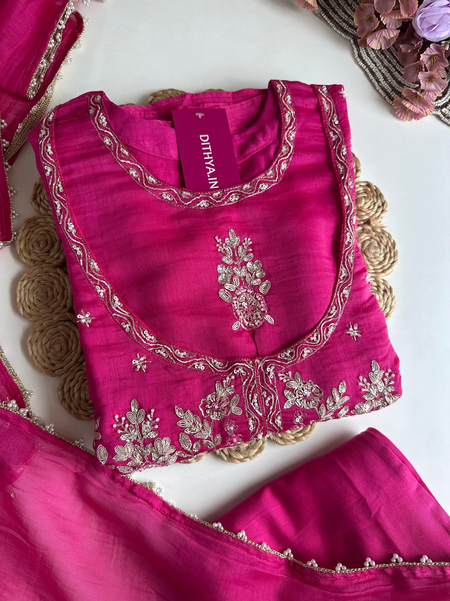 K076 - Mul Chanderi handwork Anarkali with side slit, straight pants and dupatta