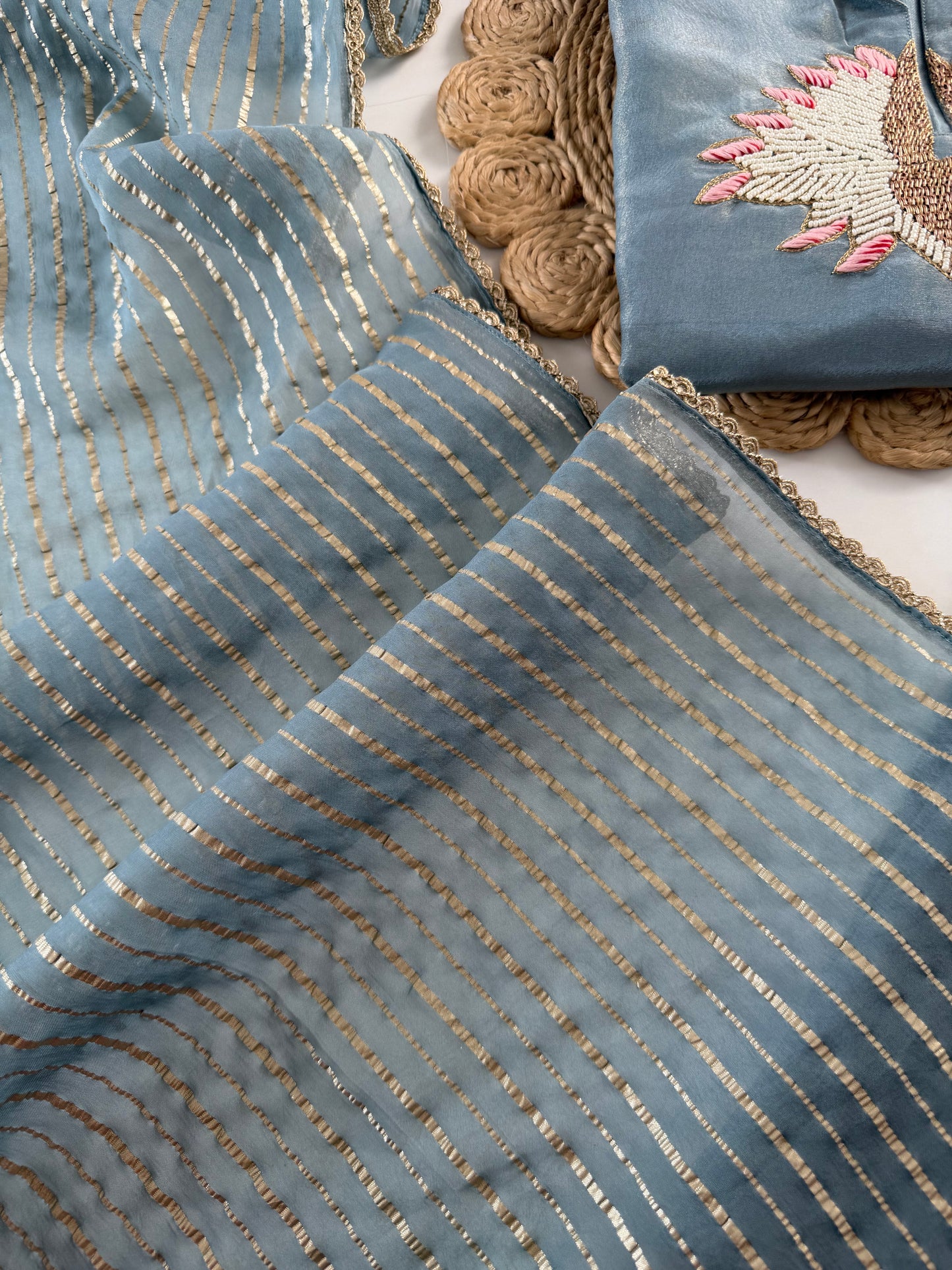 K229 - Tissue silk handwork short Kurti with divider pants and dupatta