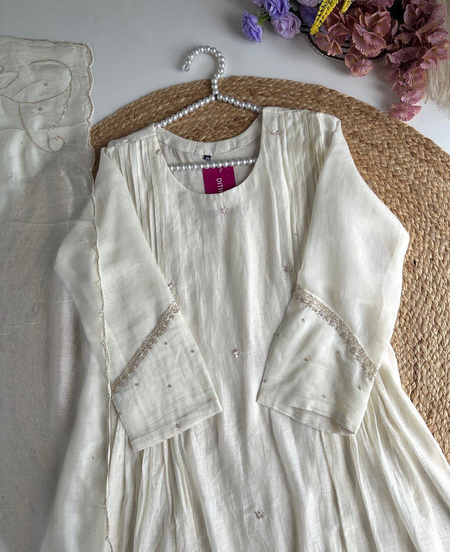 K380 - Mul Chanderi Handwork Aline Kurti with pants and dupatta