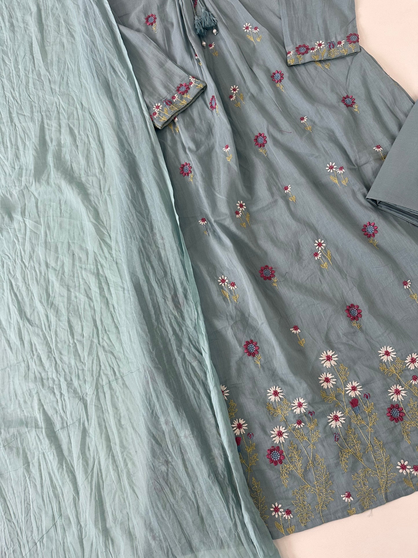 K395 - Mul cotton embroidered Aline Kurti with pants and dupatta in 3 colours