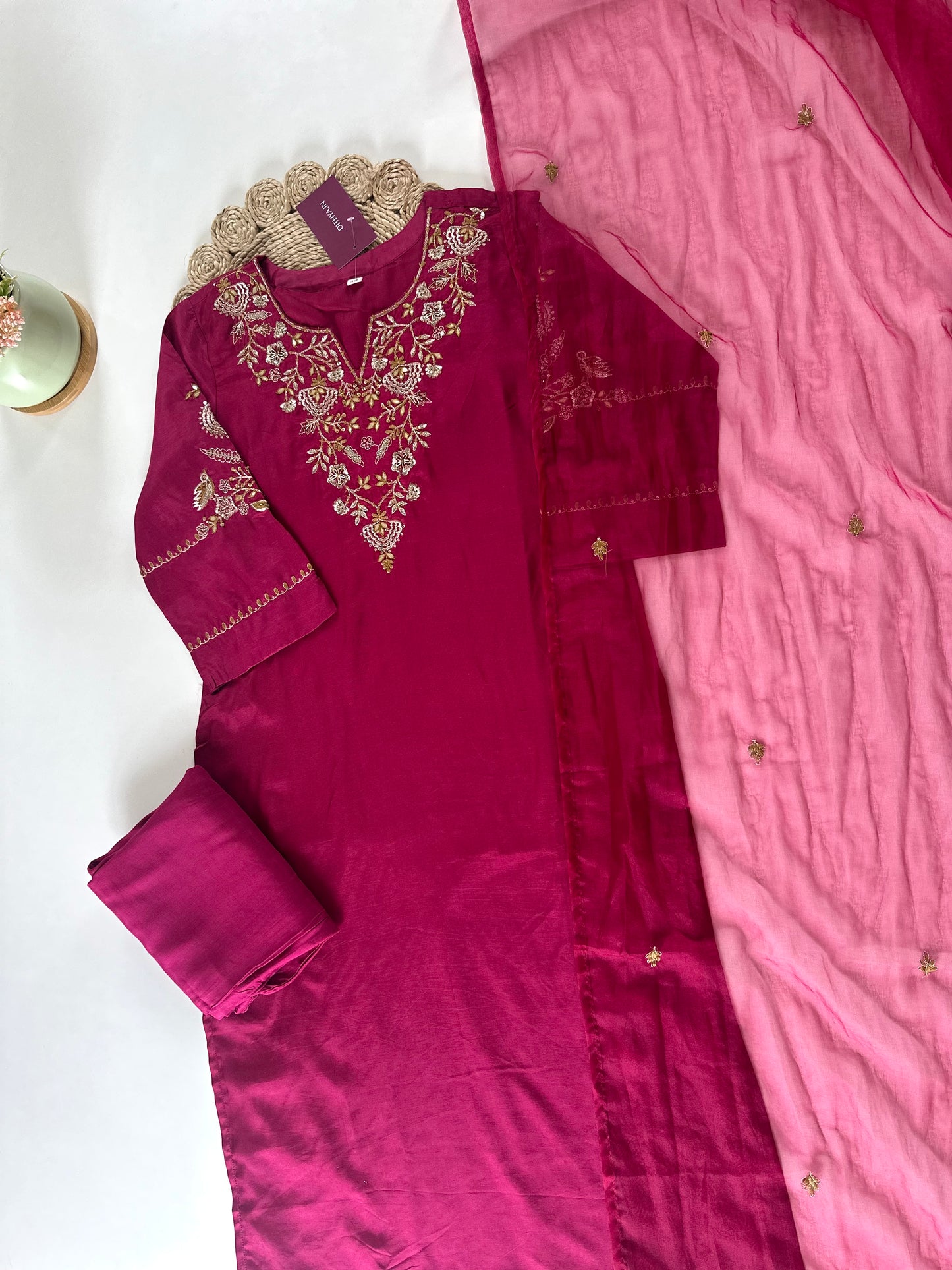 K068 - Mul Chanderi Handwork straight kurti with straight pants and dupatta .