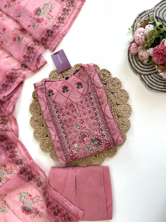 K027 - Soft chanderi handwork straight Kurti with  pants and dupatta in 2 colours