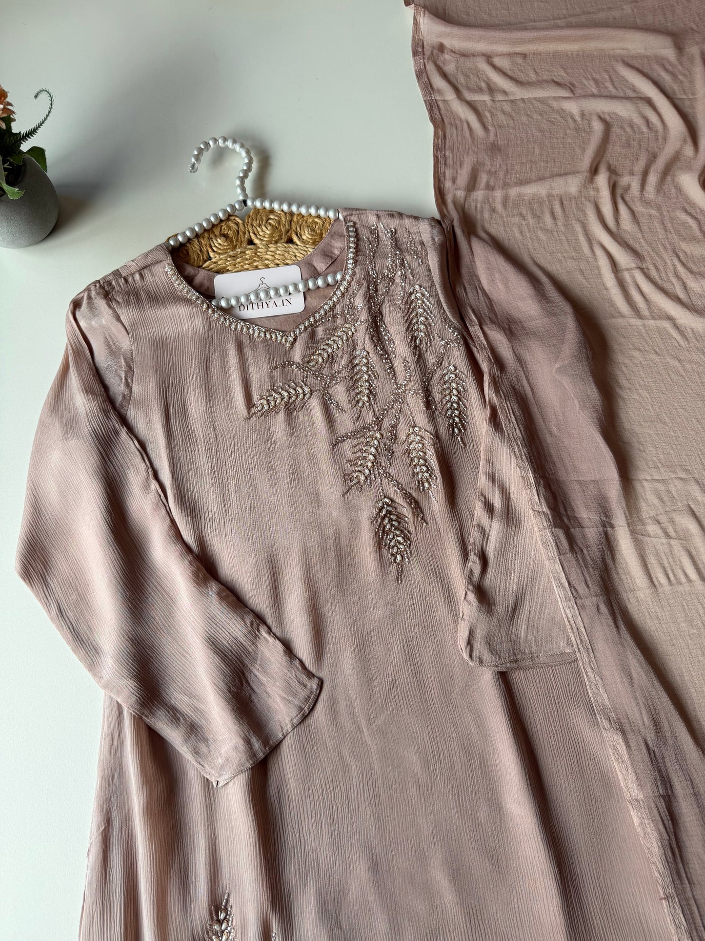 K482 - Pure Chinnon handwork aline Kurti with pants and dupatta