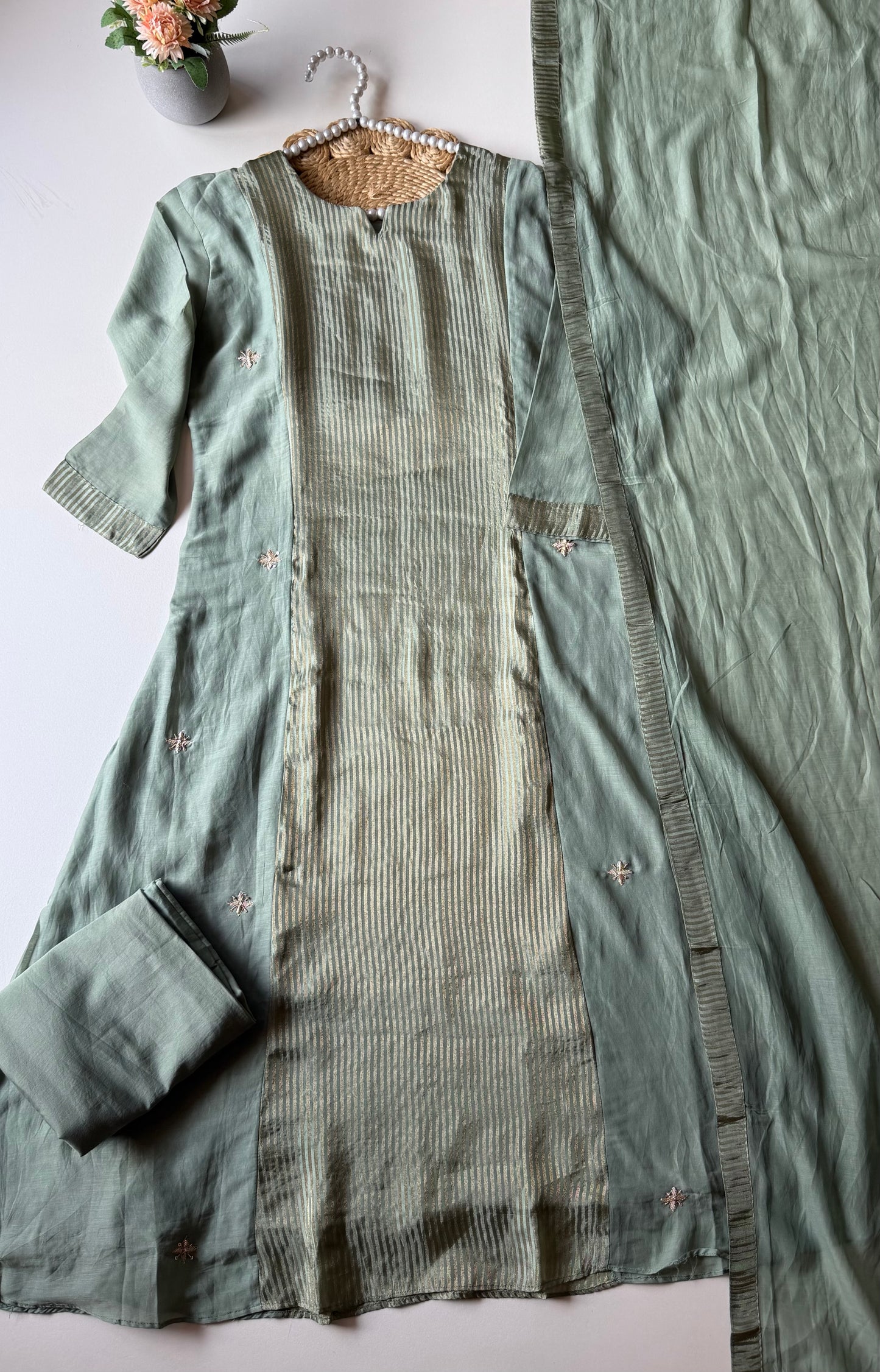 K551 - Mul chanderi handwork aline Kurti with pngs and dupatta