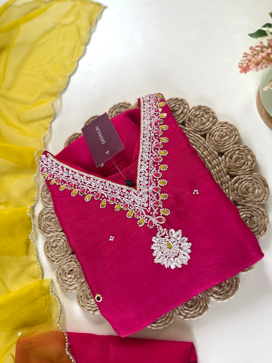 K156 - Russian silk handwork Aline Kurti with pants and dupatta