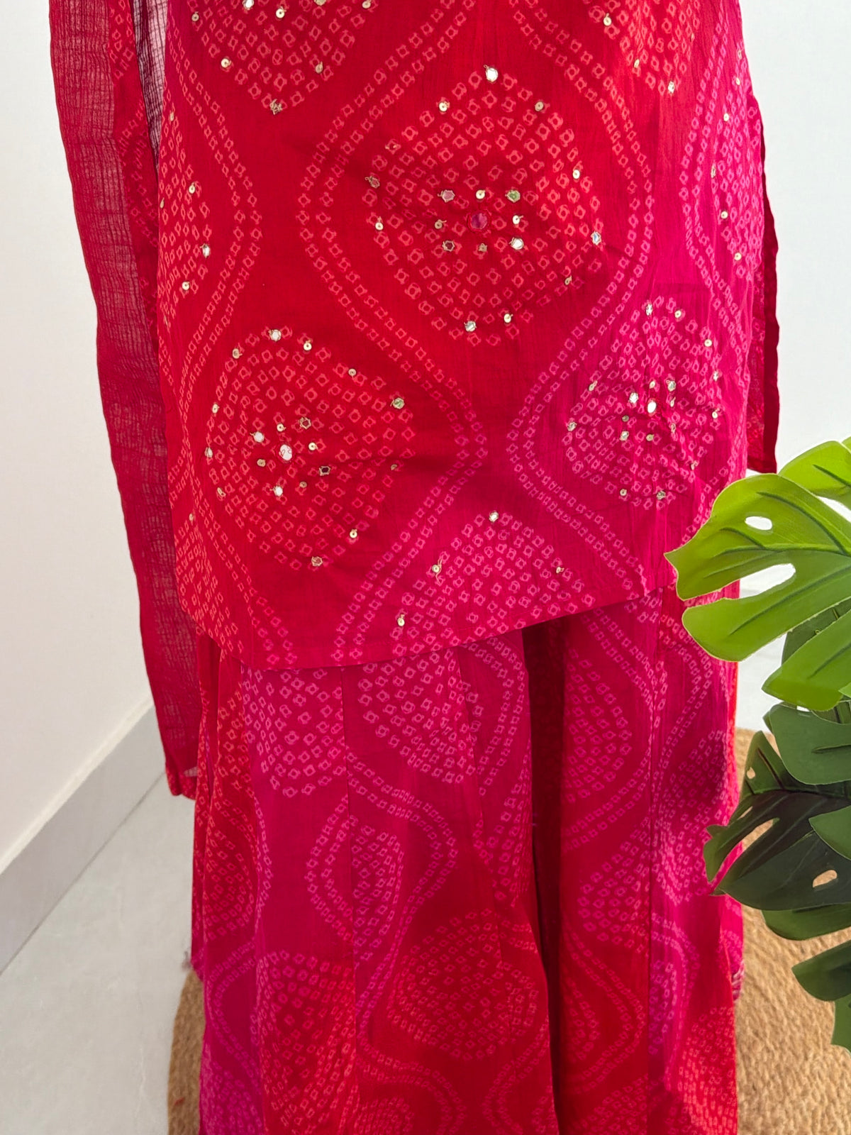 K090 - Mul cotton bandhini mirror work short Kurti with palazzo pants and dupatta
