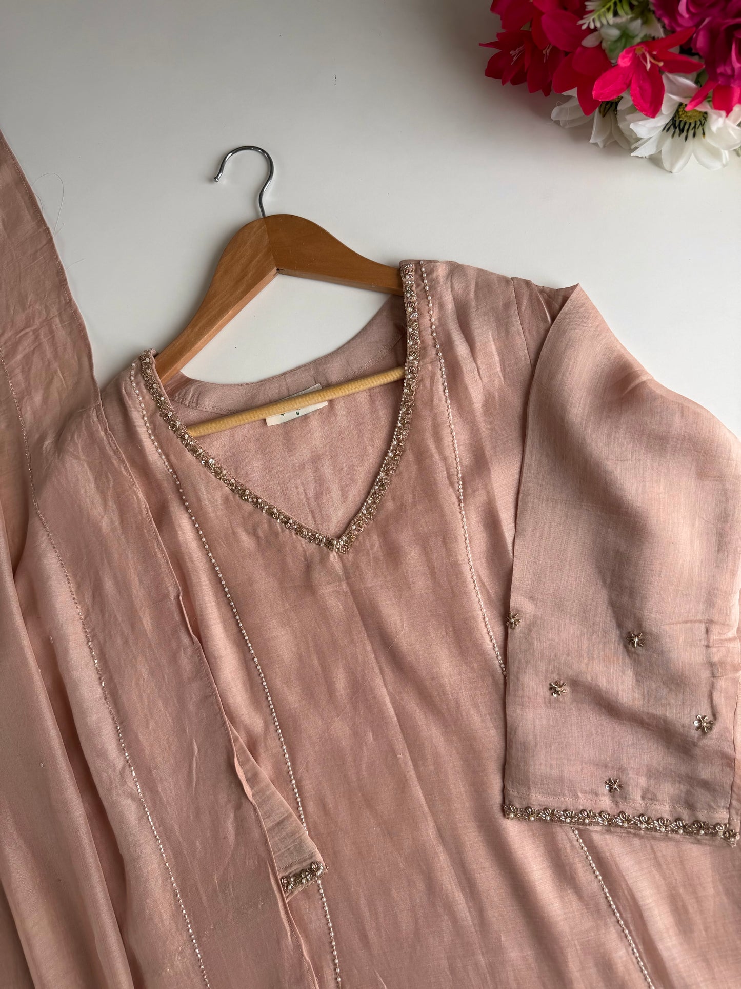 K131 - Mul chanderi handwork aline Kurti with pants and dupatta