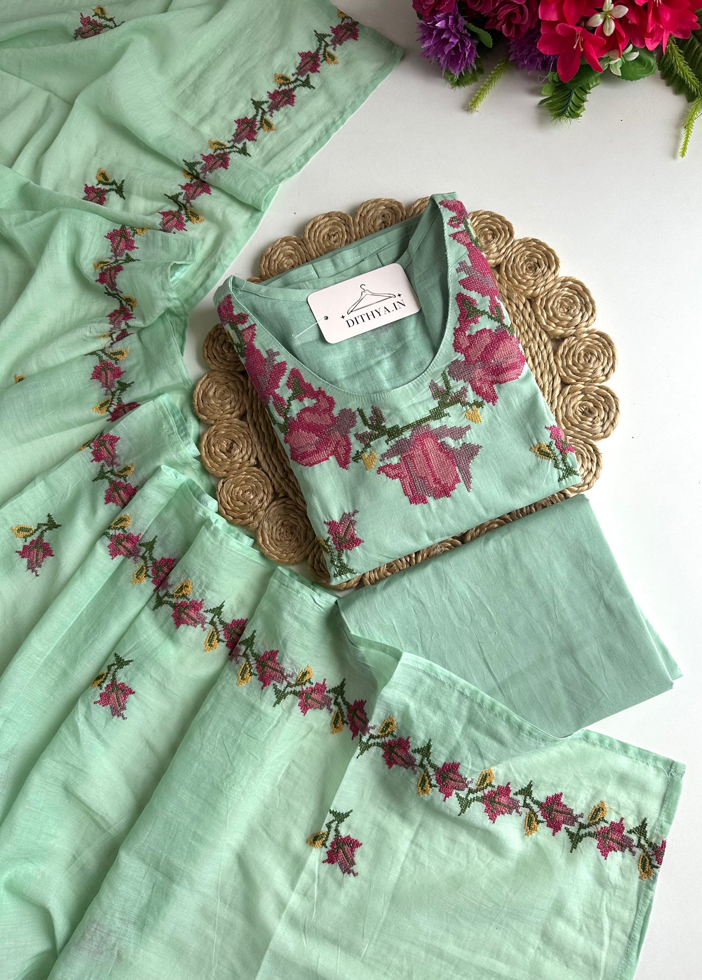 K145 - Mul cotton cross stitch Aline Kurti  with pants and dupatta