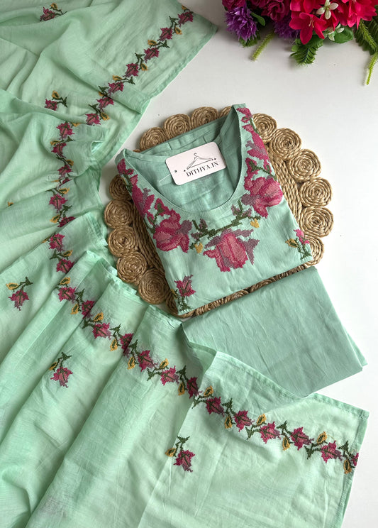 K145 - Mul cotton cross stitch Aline Kurti  with pants and dupatta