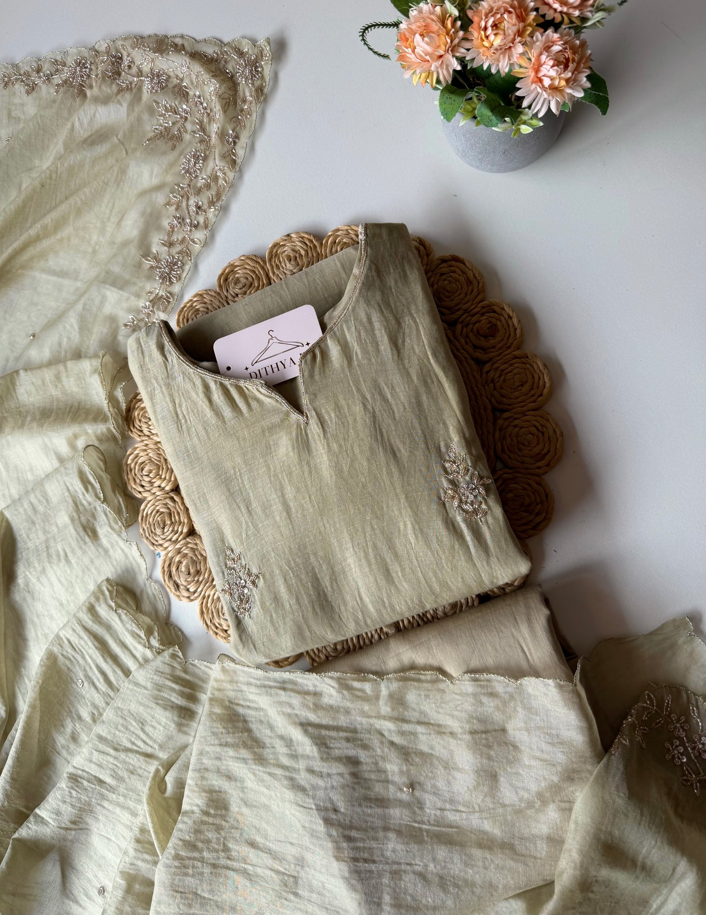 K183 - Mul chanderi handwork aline Kurti with pants and dupatta