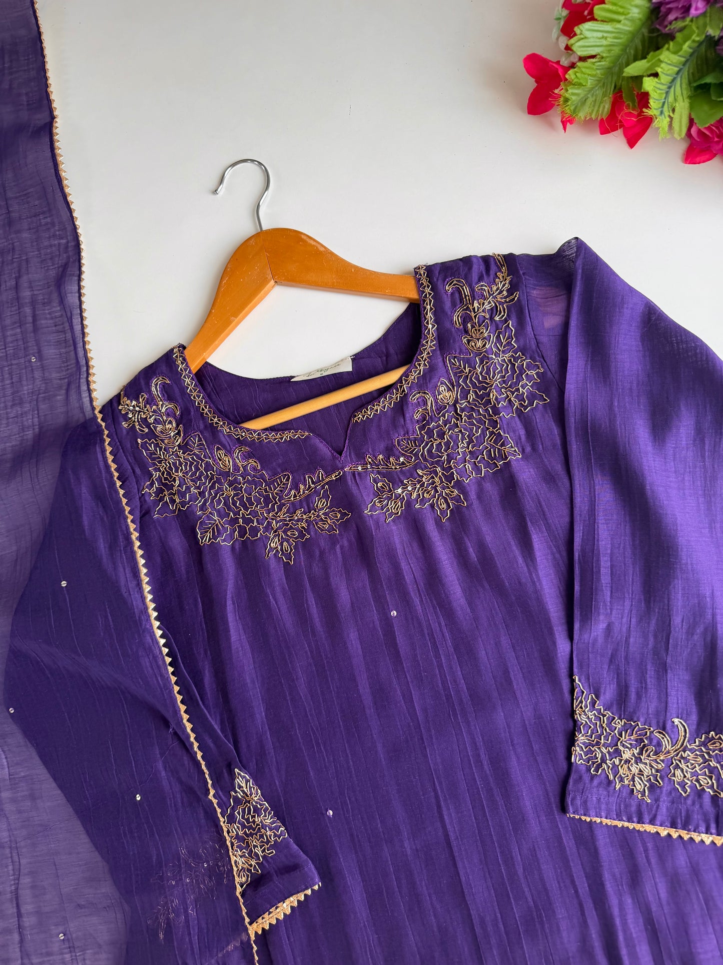 K553 - Mul chanderi handwork aline Kurti with pants and dupatta