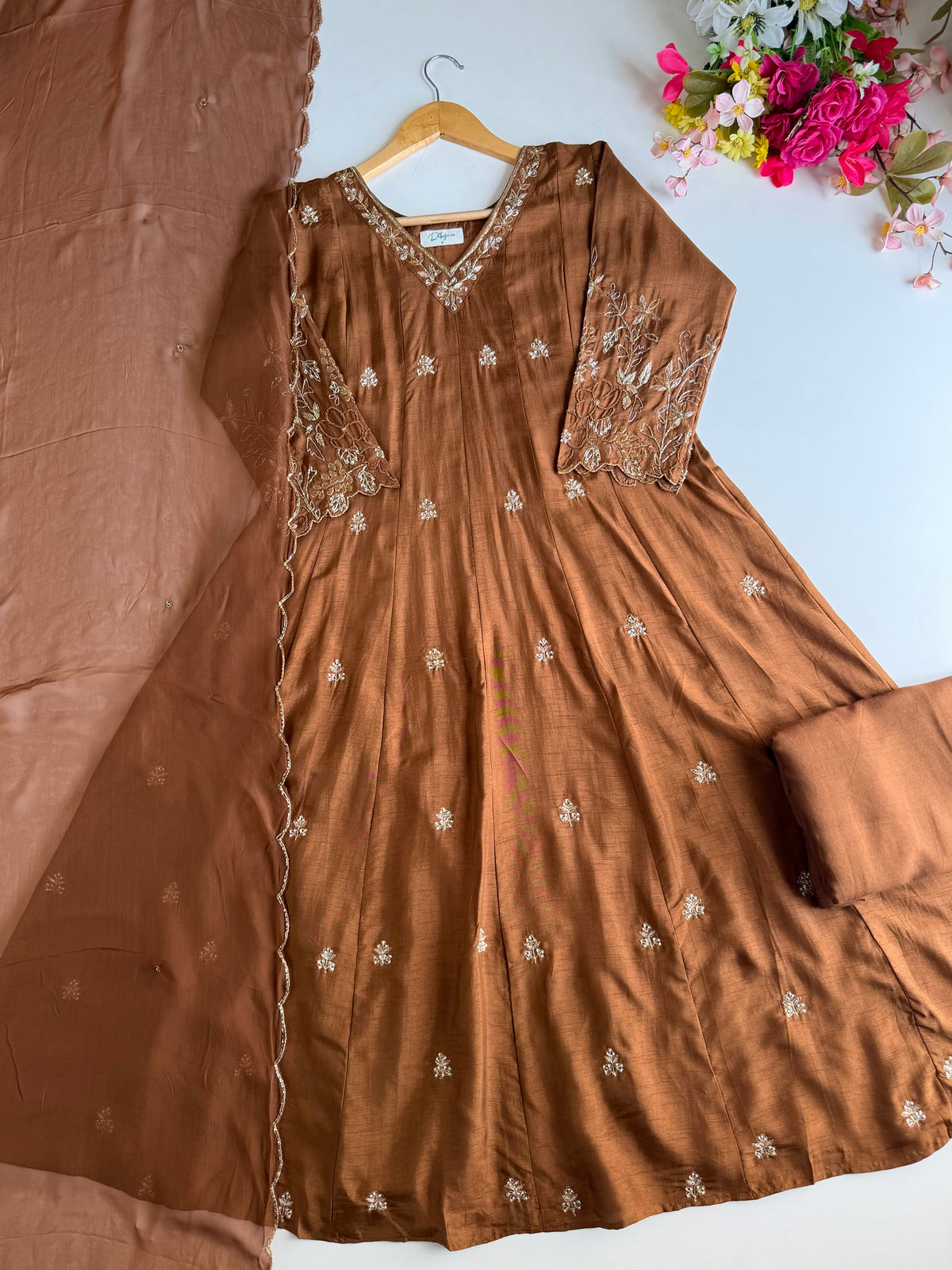 K737 -Russian silk handwork Anarkali with pants and dupatta