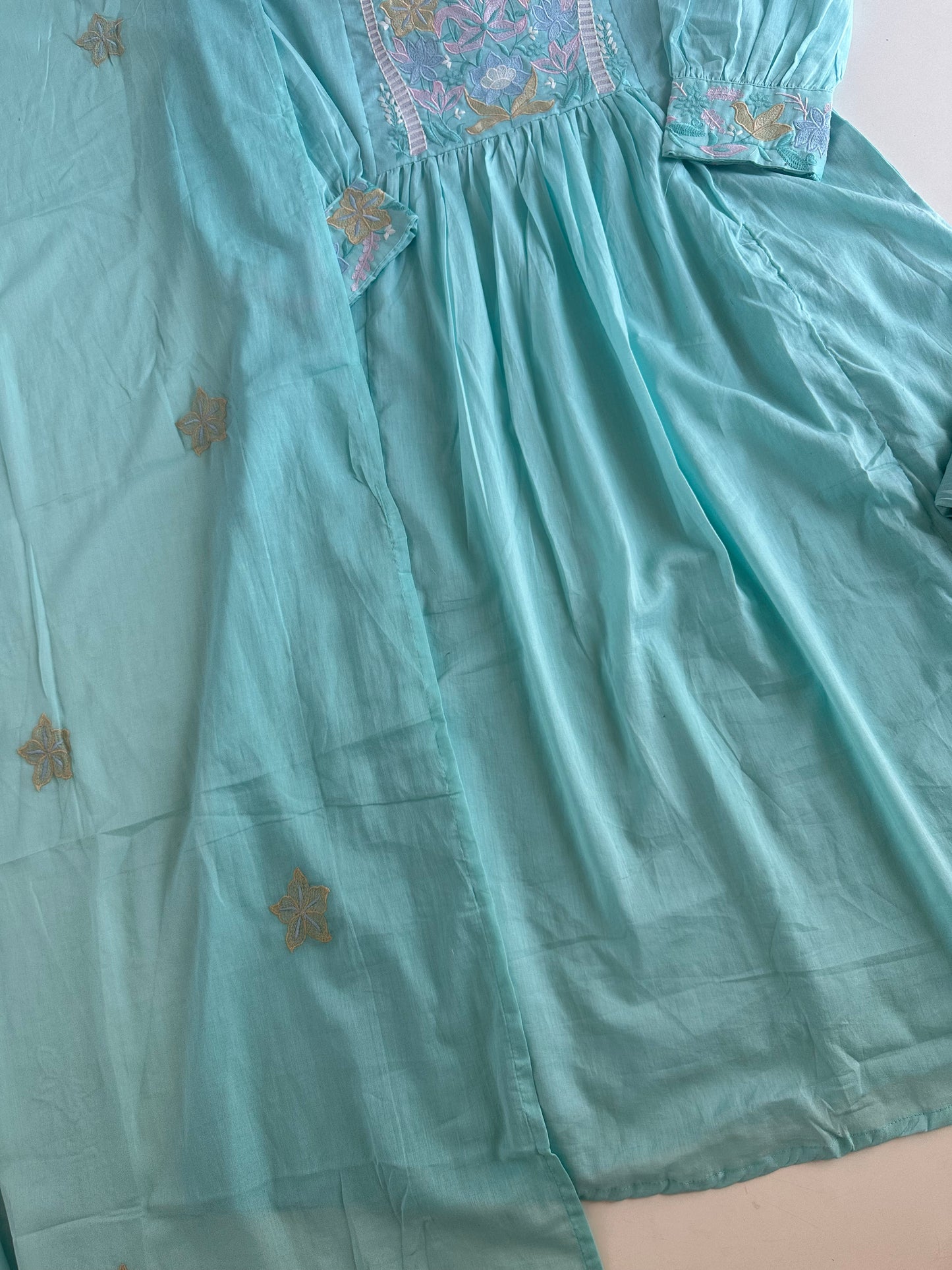 K076 - Mul cotton embroidered Anarkali with pants and dupatta