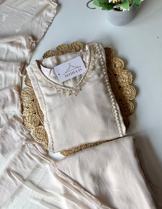 K073 - Pure Chinnon handwork straight Kurti with divider pants and dupatta