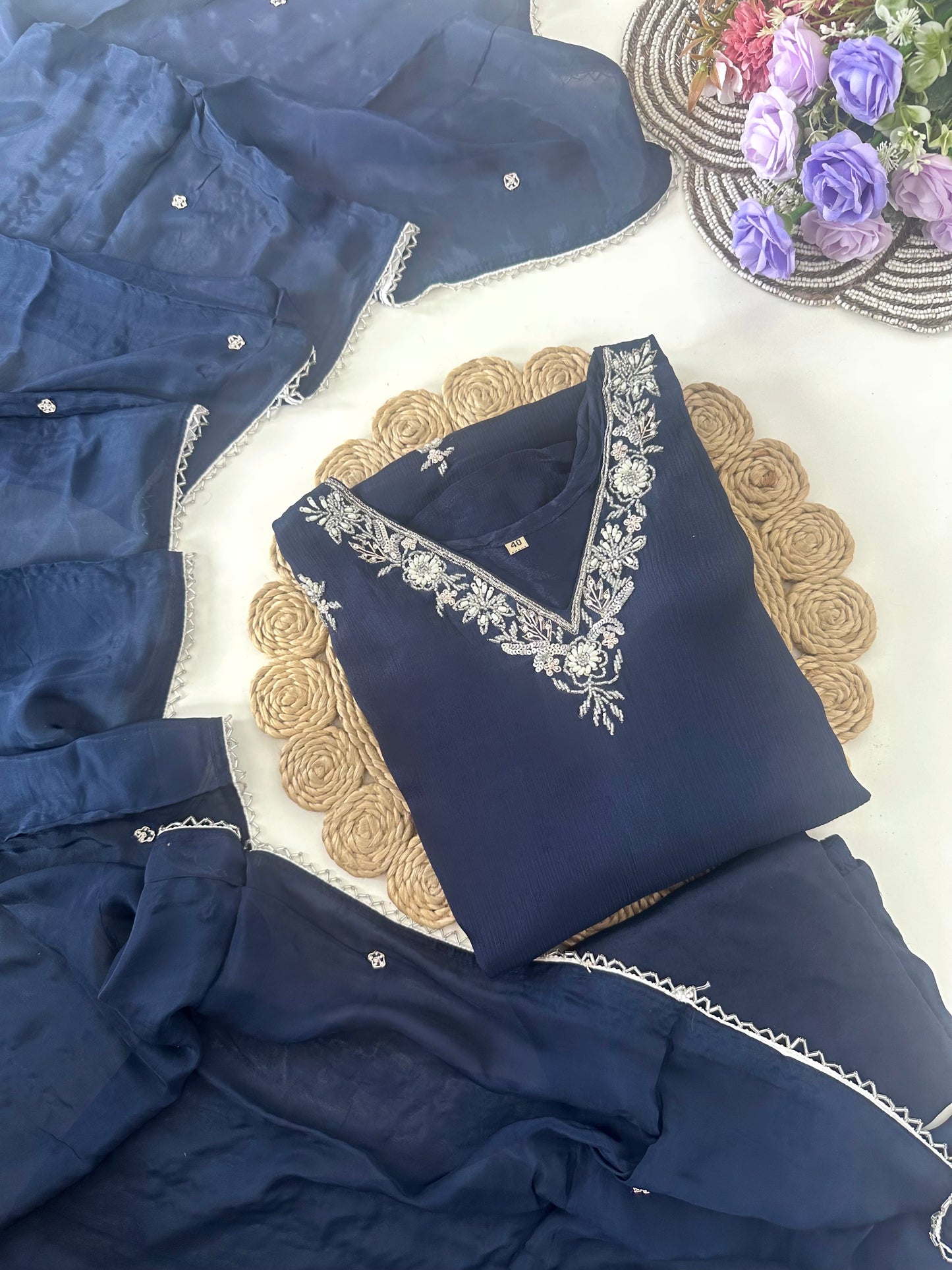 D041 - chinnon silk straight kurti with pants and dupatta