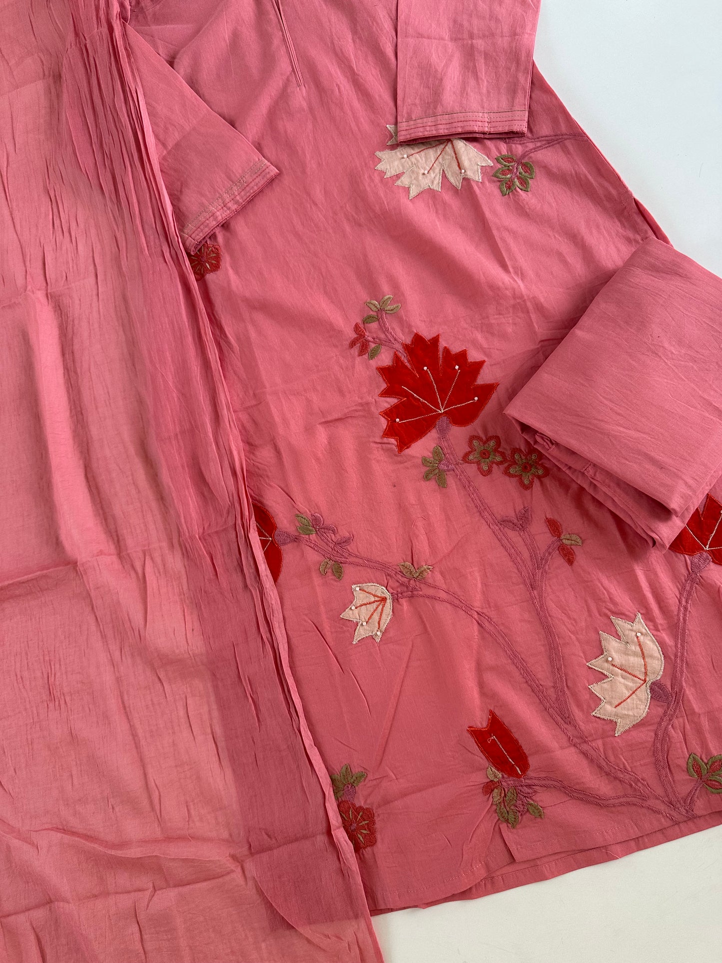 K388 - Mul cotton appliqué Aline Kurti with pants and dupatta