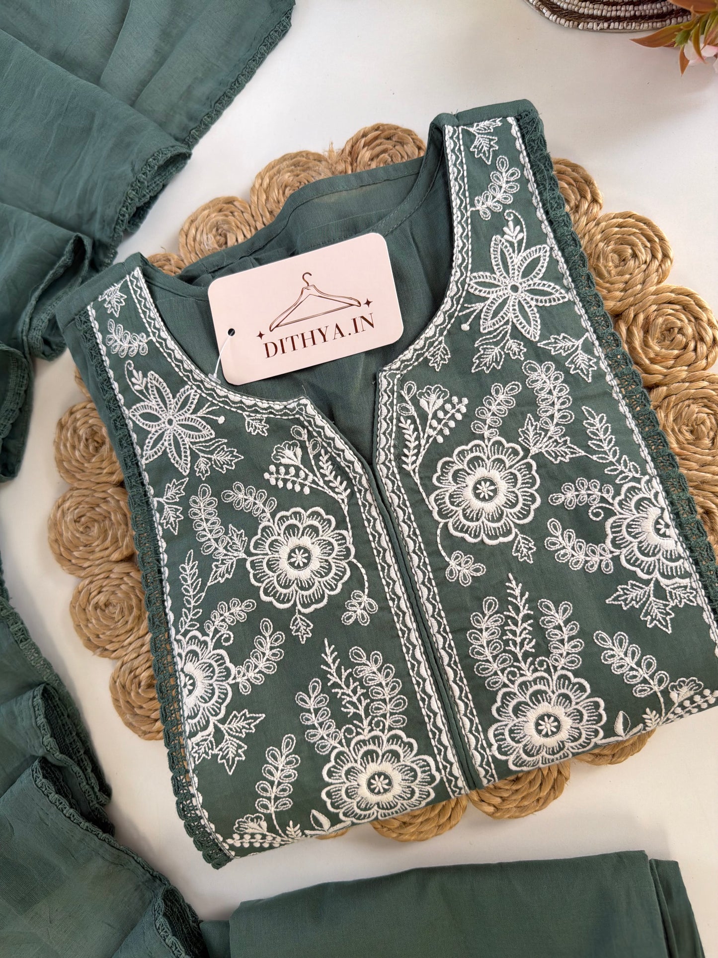 K367 - Mul cotton embroidered Anarkali with pants and dupatta