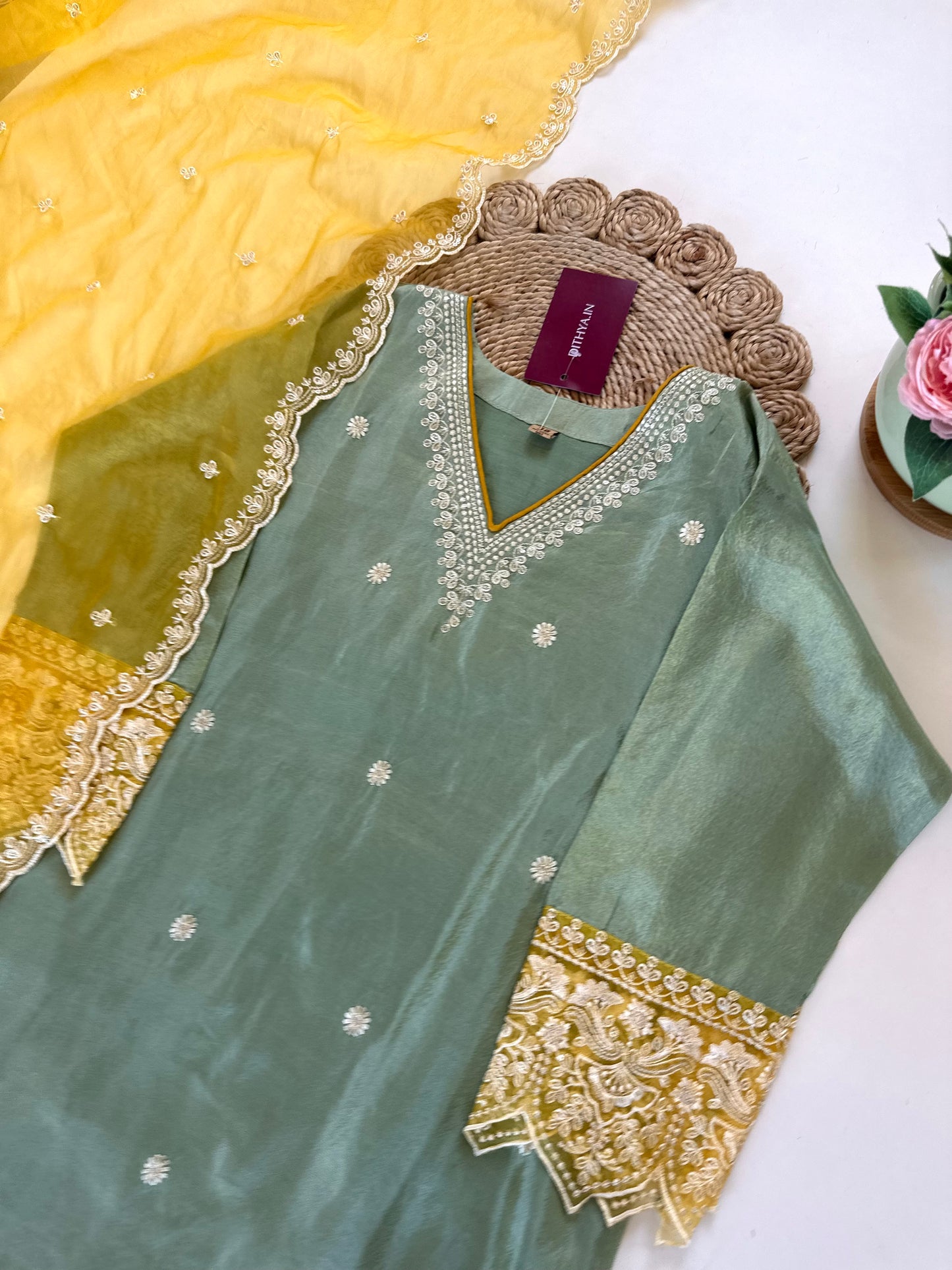 K285 - Tissue silk Threadwork straight kurti with pants and organza dupatta .