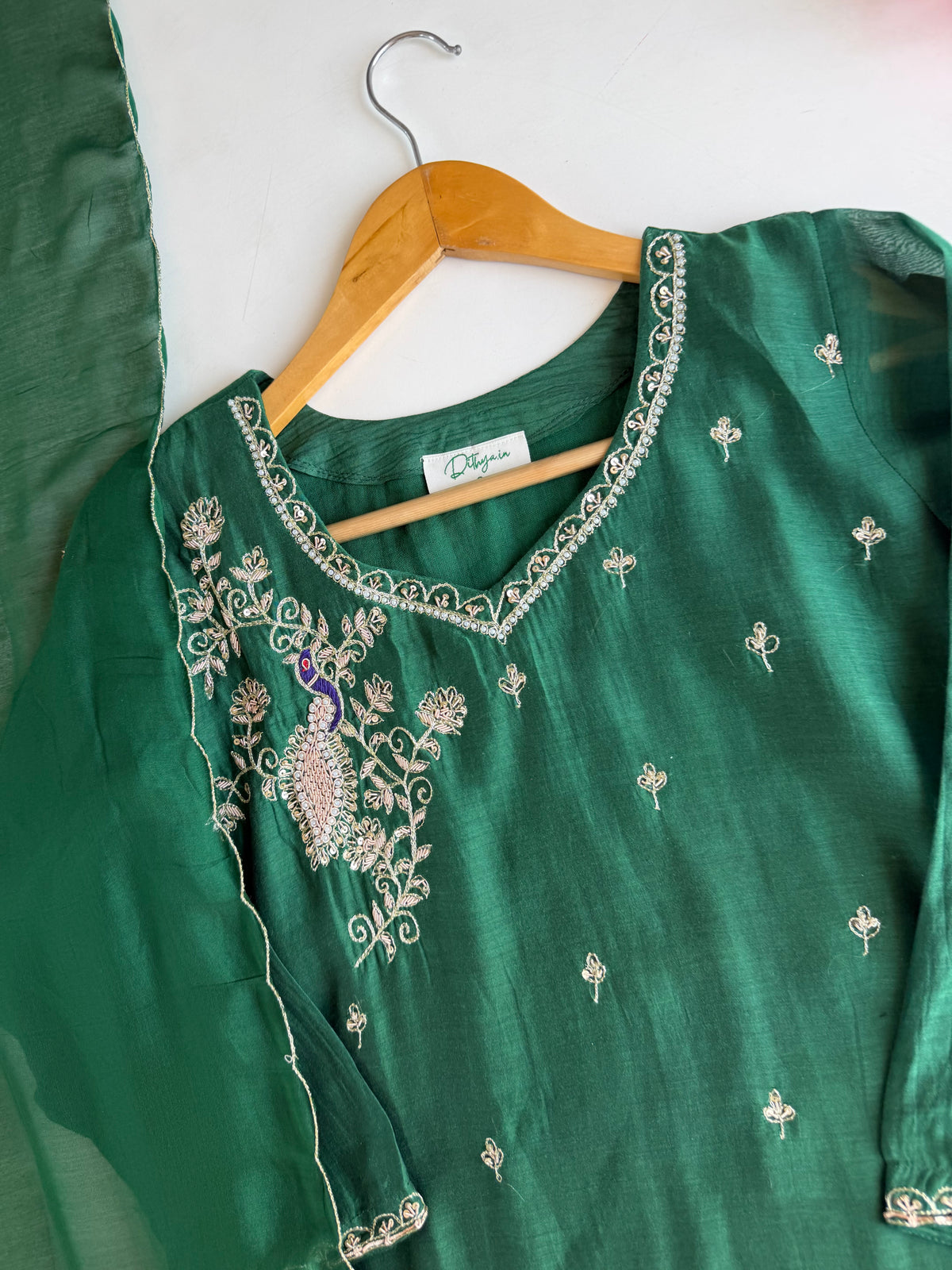 K691 - Banarasi Mul chanderi handwork Aline Kurti with pants and dupatta