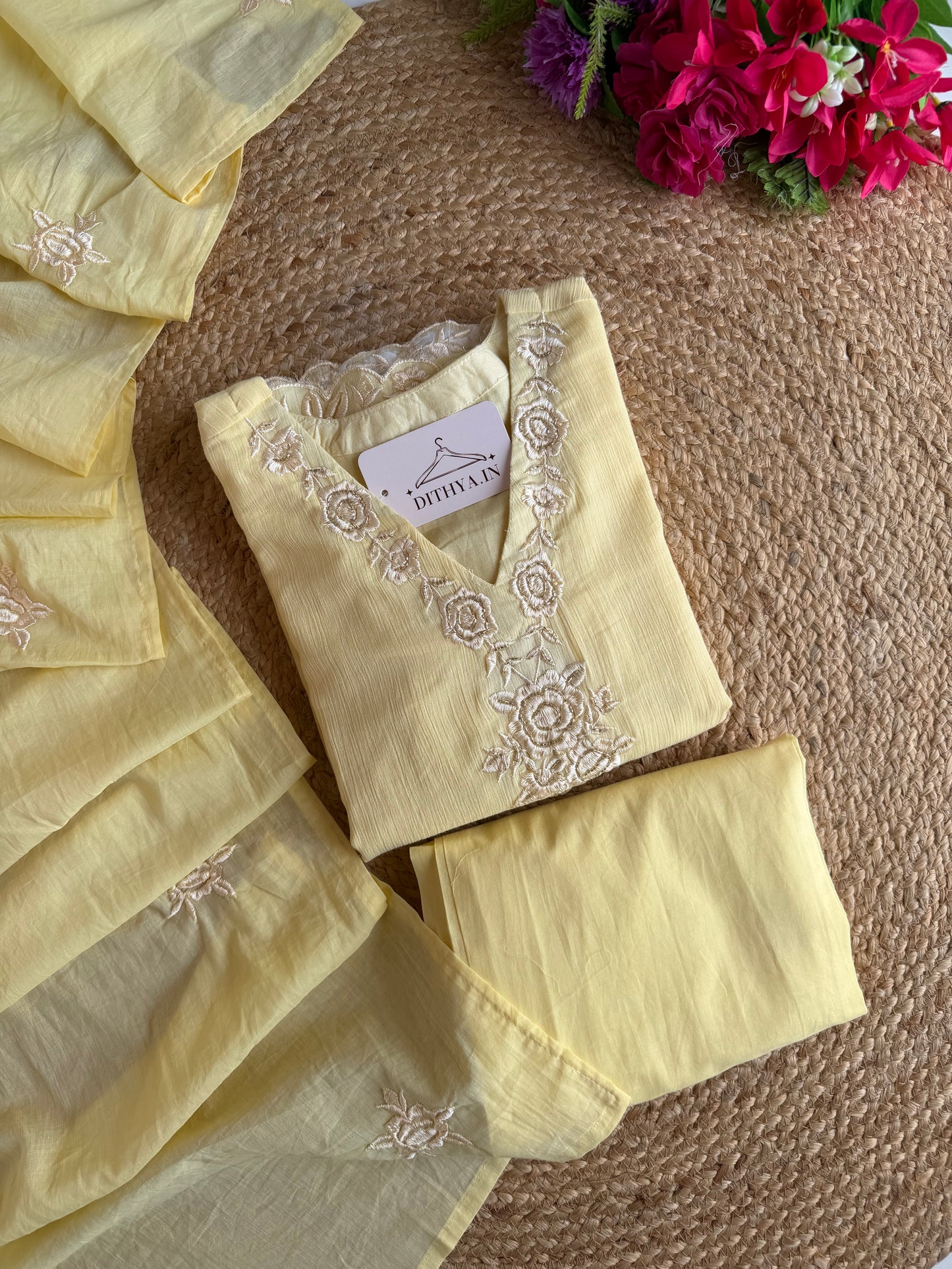 K205 - Crushed mul chanderi embroidered straight Kurti with pants and dupatta