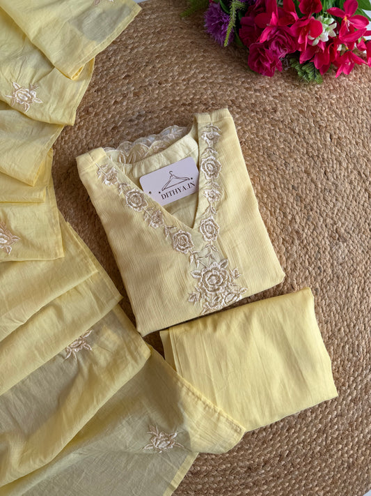 K205 - Crushed mul chanderi embroidered straight Kurti with pants and dupatta