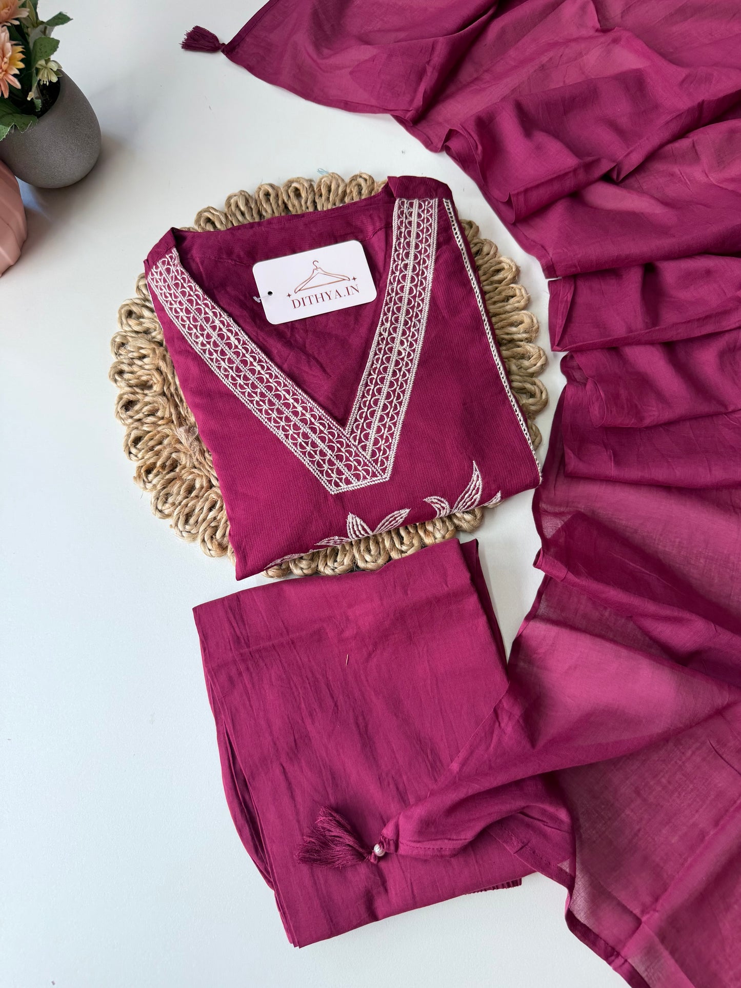 K593 - Cotton embroidered Aline Kurti with pants and dupatta