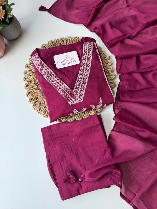 K593 - Cotton embroidered Aline Kurti with pants and dupatta