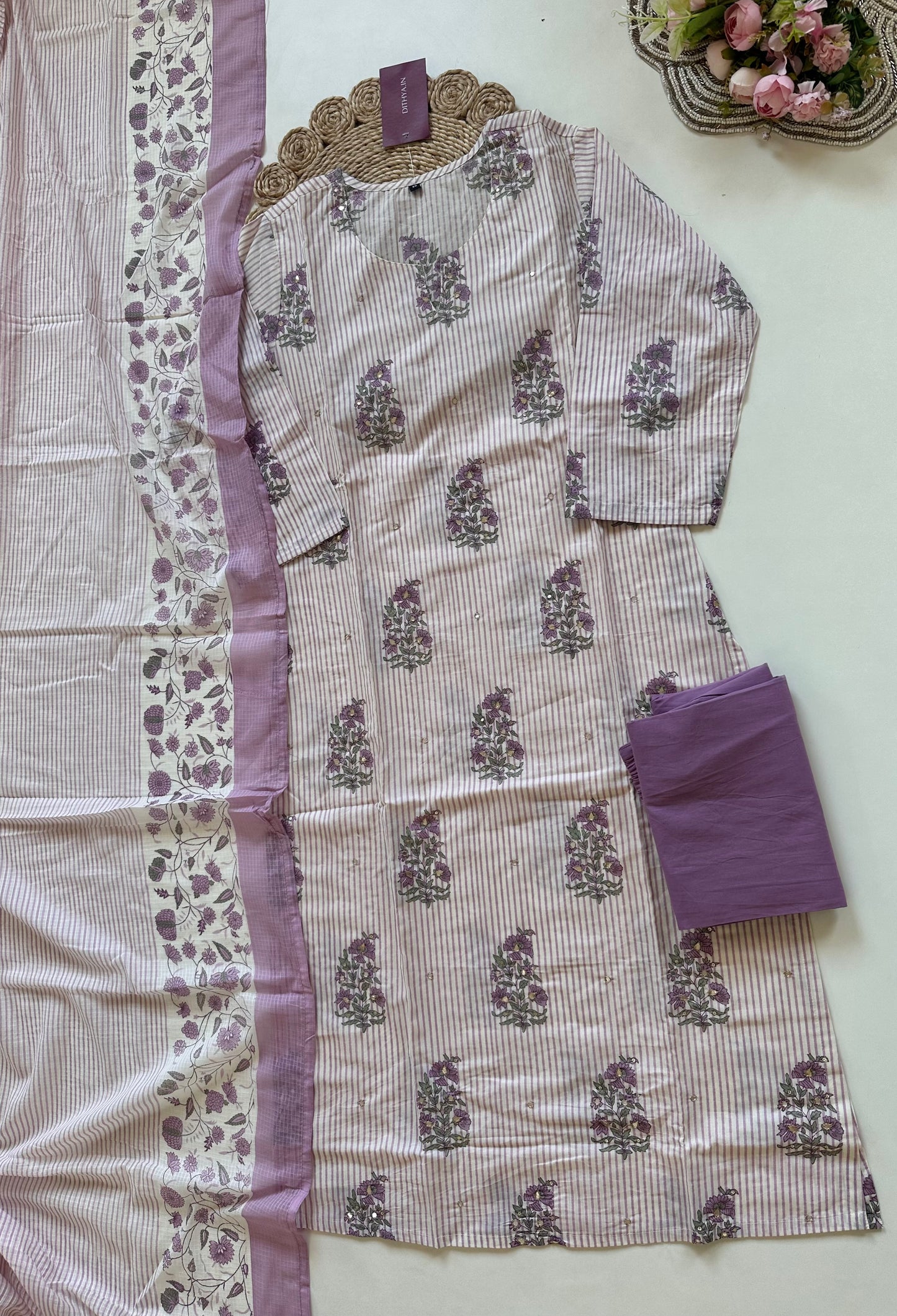 K357 - Cotton Printed Straight kurti with pants and dupatta in 2 colours.