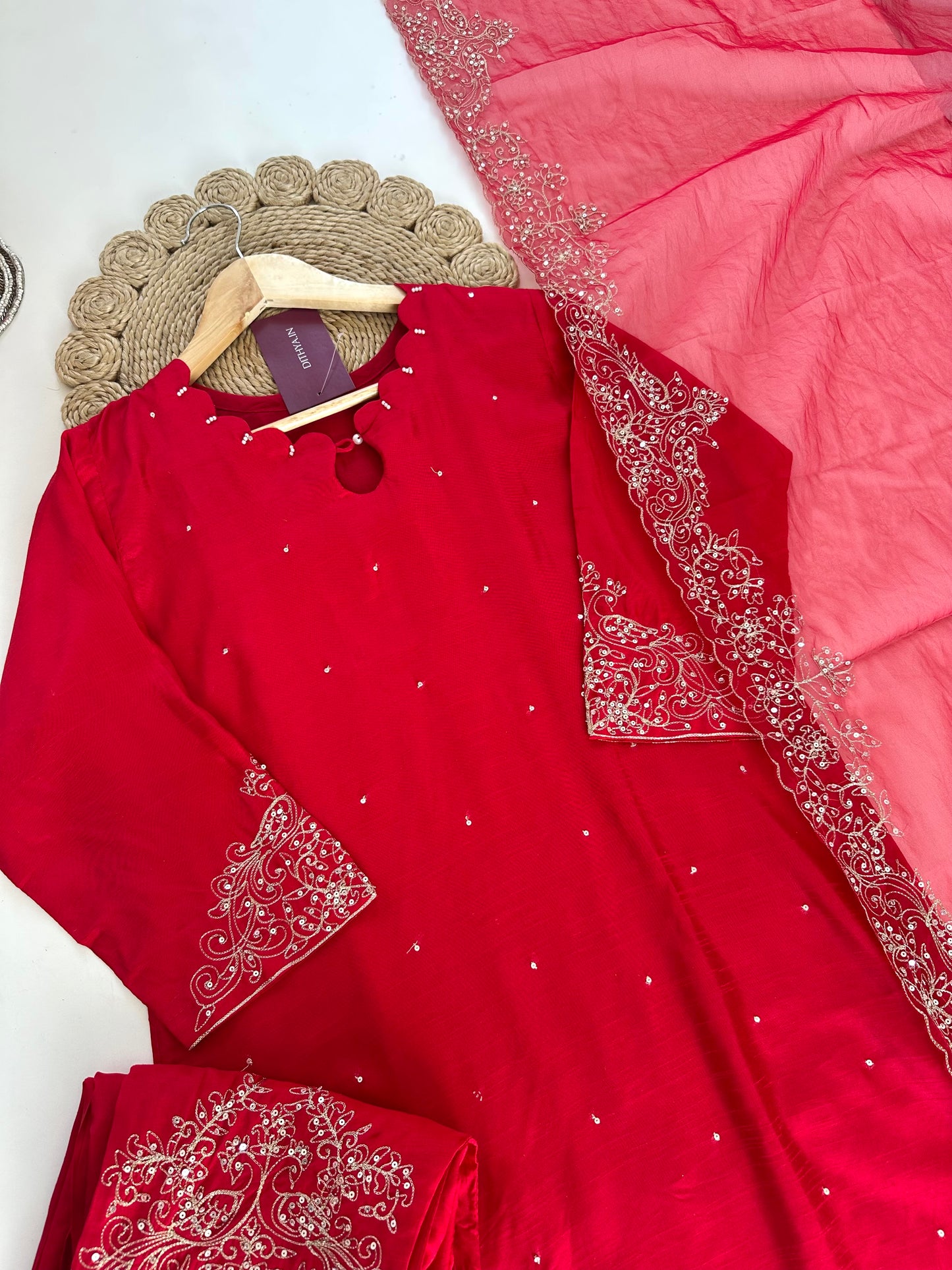 K297 - Russian silk Zari work Straight kurti with pants and dupatta in 2 colours.