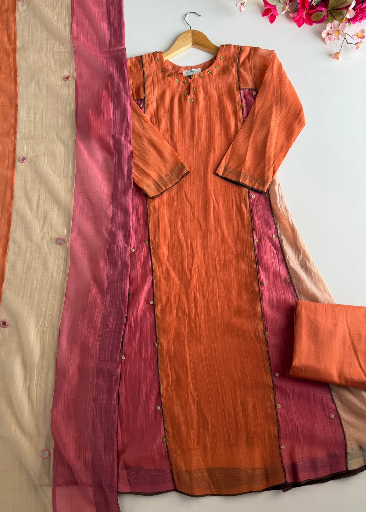 K730 - Mul chanderi multicolour coin work Aline Kurti with pants and dupatta