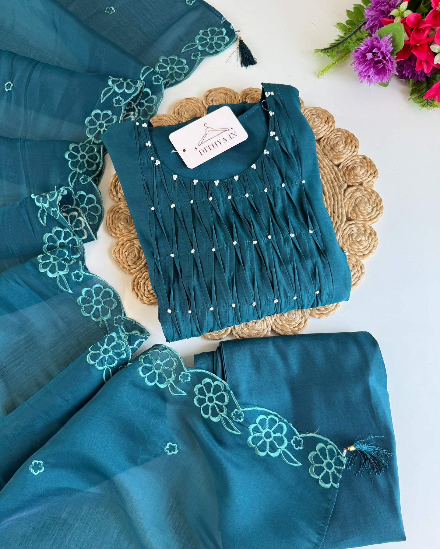 K040 - Surat Mul chanderi embroidered Anarkali with pants and dupatta in 2 colours