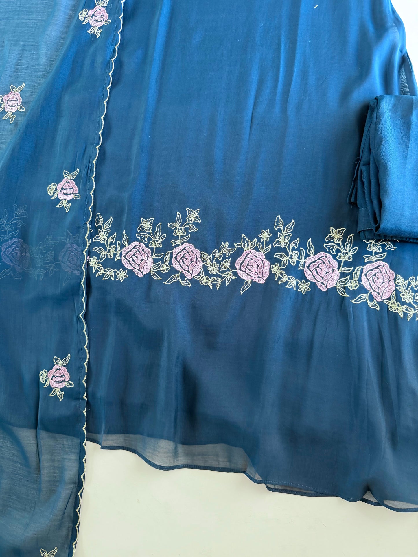 K582 - Surat Mul chanderi embroidered Aline Kurti with pants and dupatta
