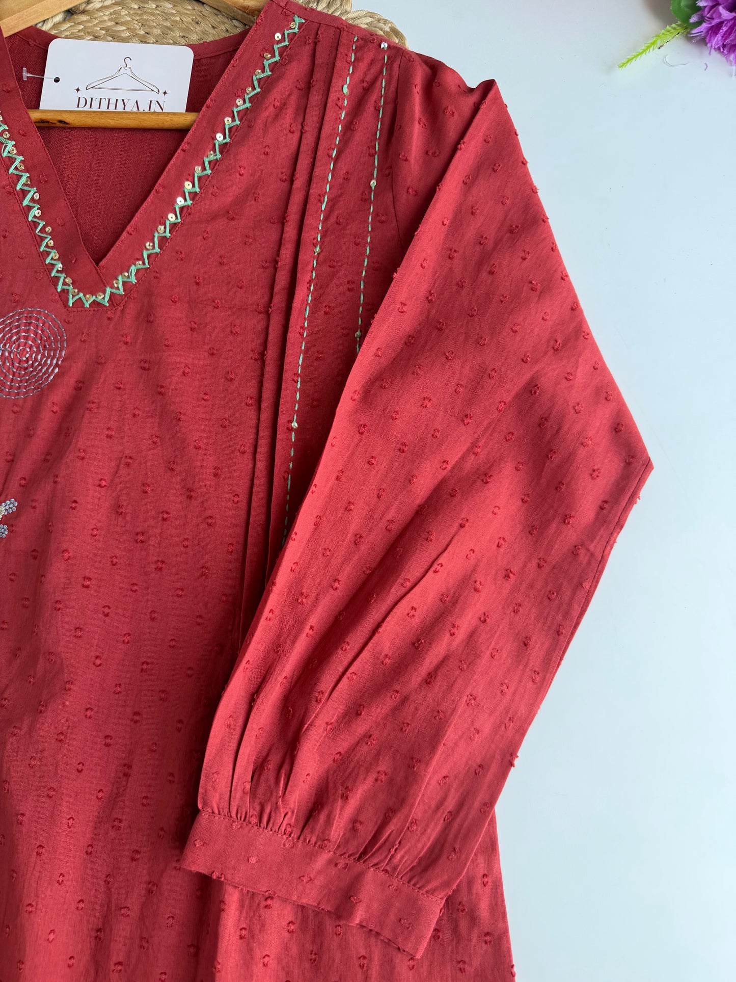 K721 - Mul cotton embroidered Aline   Kurti with pants and dupatta