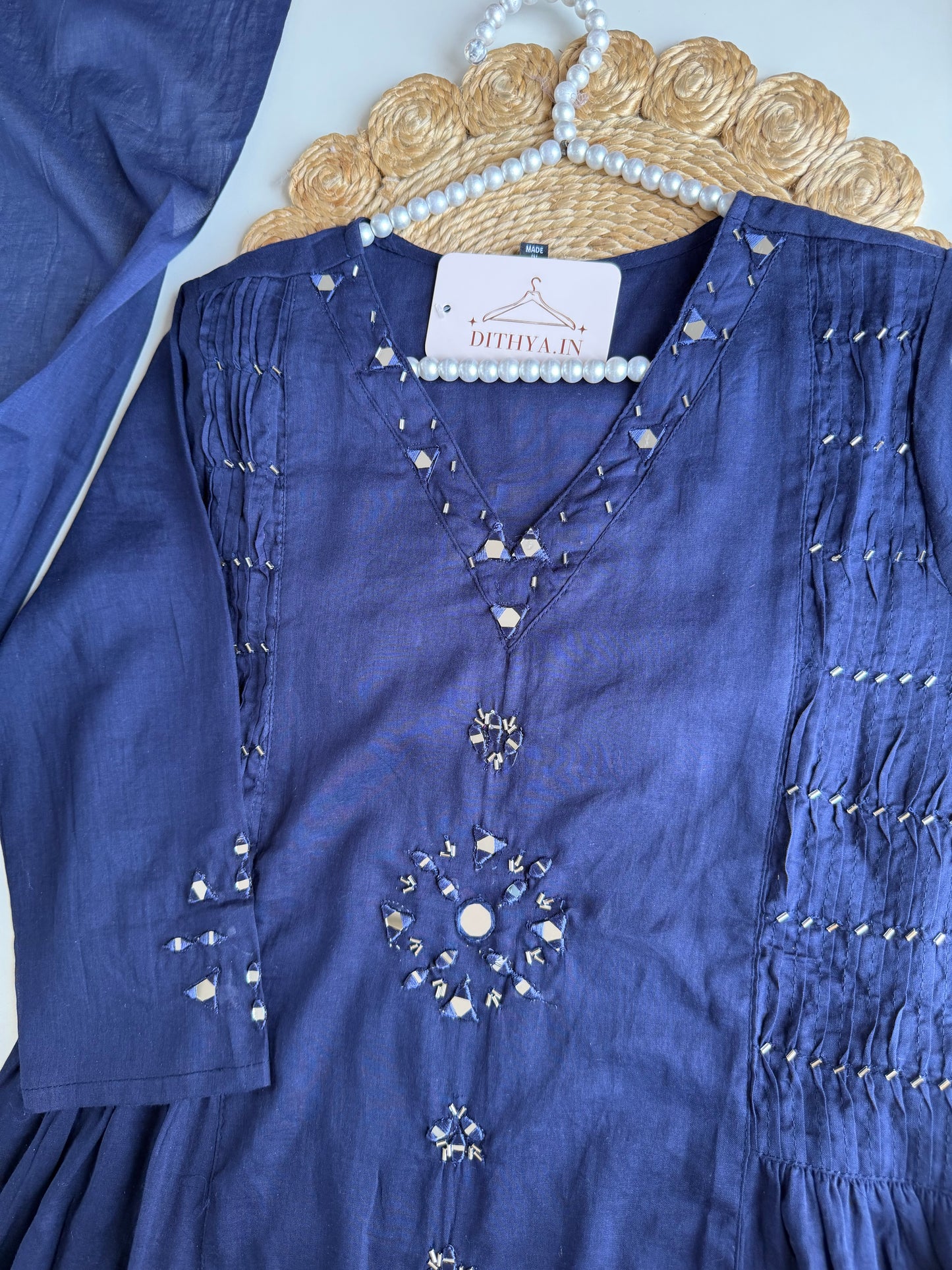 K300 - Mul cotton mirror work aline Kurti with pants and dupatta in 2 colours