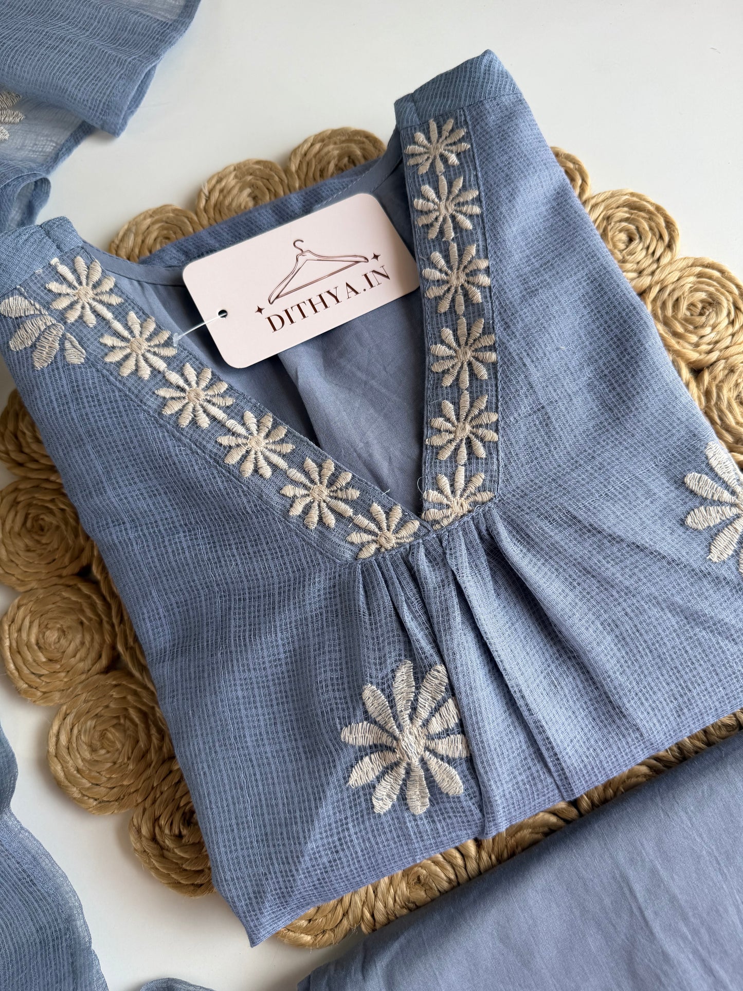 K713 - Kota doriya embroidered Aline Kurti with pants and dupatta