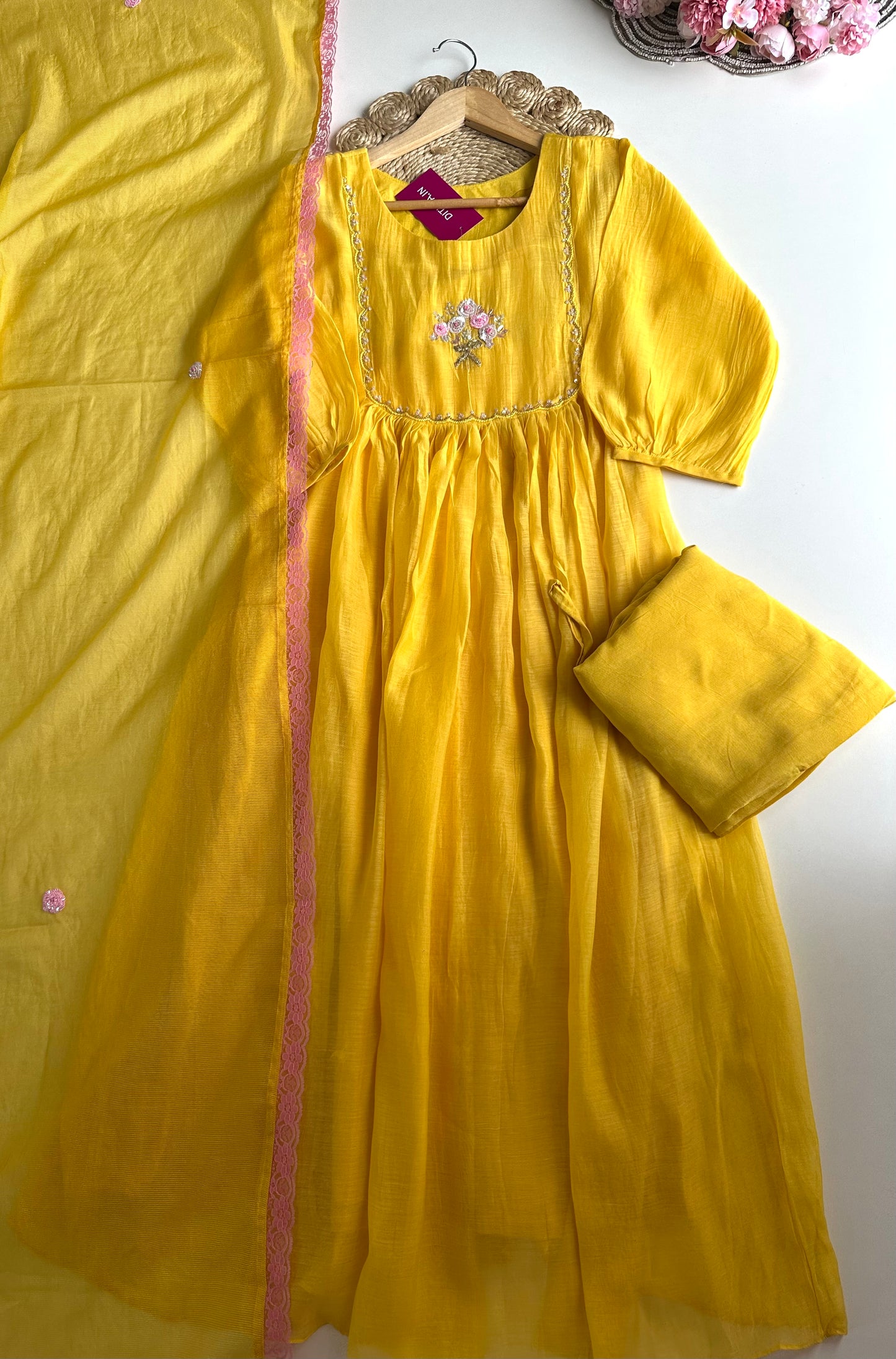 K348 - Mul Chanderi Handwork Anarkali with pants and doriya dupatta