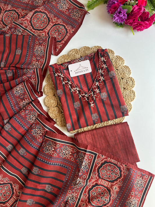 K189 - Mul cotton embroidered straight Kurti with pants and dupatta