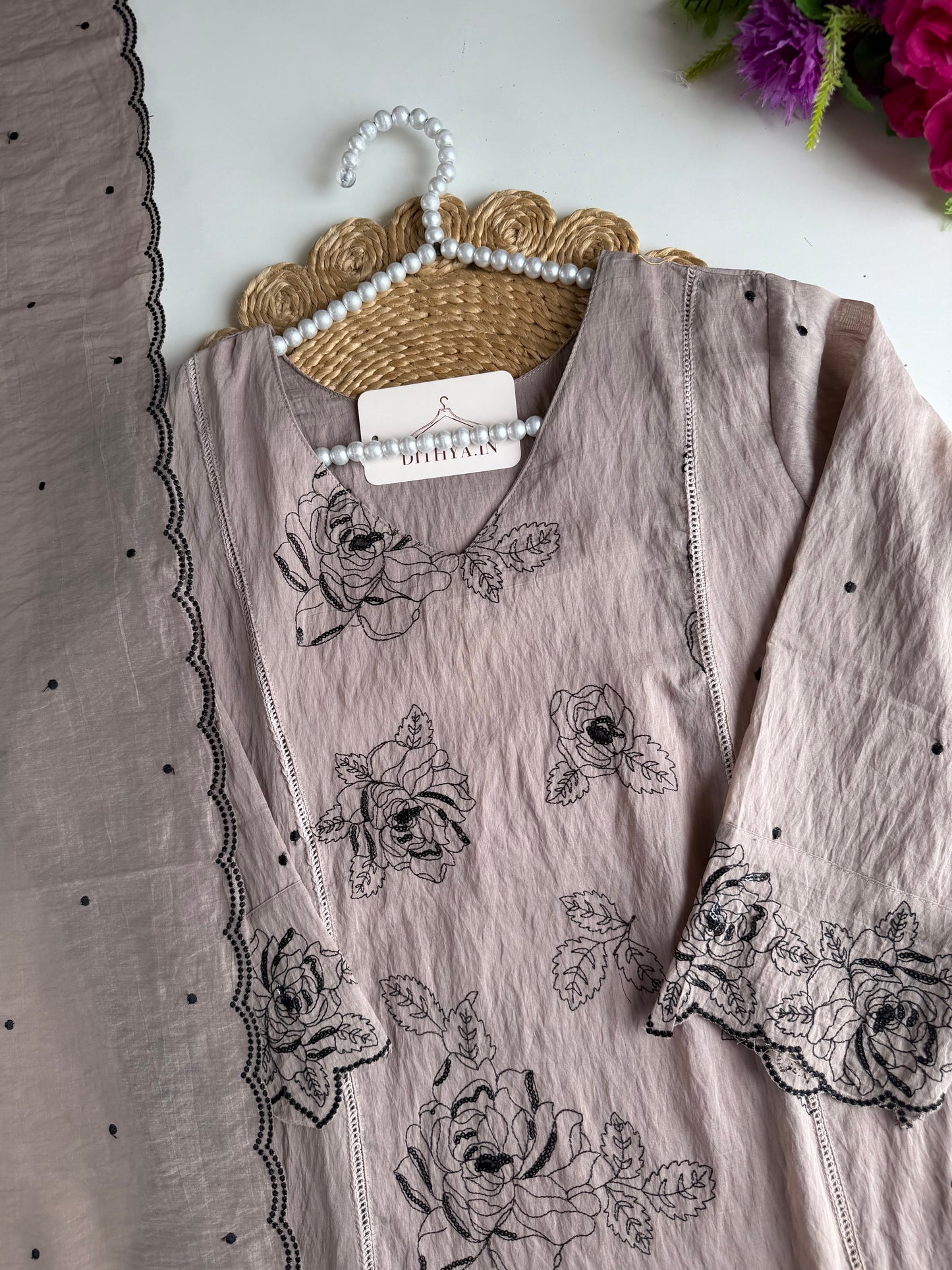 K028 - Crushed Surat Mul chanderi embroidered Aline Kurti with pants and dupatta
