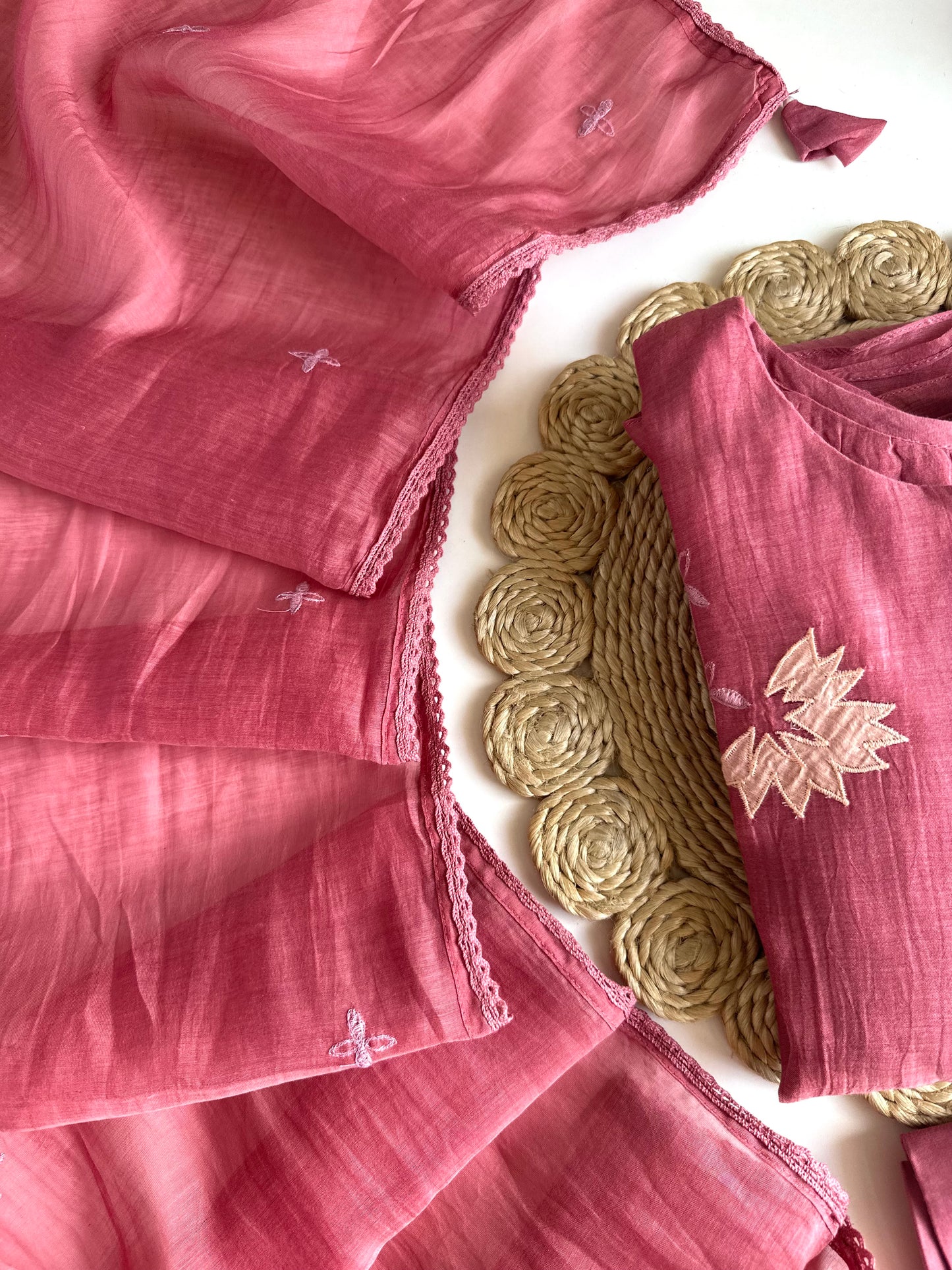 K030 - Mul Chanderi Appliqué work Aline Kurti with pants and dupatta