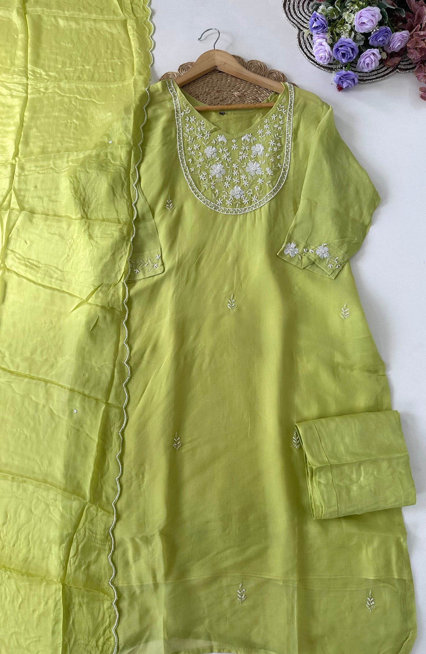 D052 - Chinnon silk straight kurti with pants and dupatta