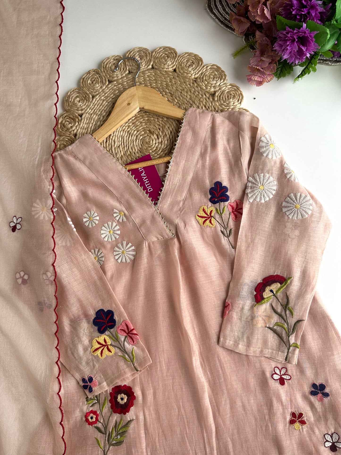 K302 - Mul Chanderi Appliqué work Aline Kurti with pants and dupatta