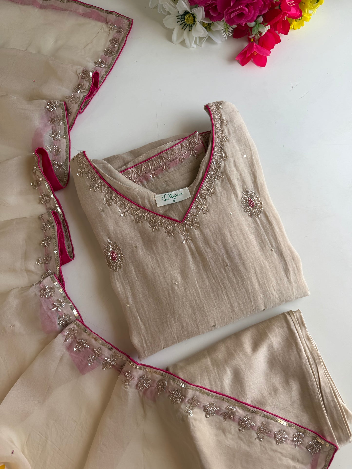 K281 - Mul chanderi handwork straight Kurti with pants and dupatta